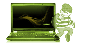 Cartoon robber stealing away from laptop