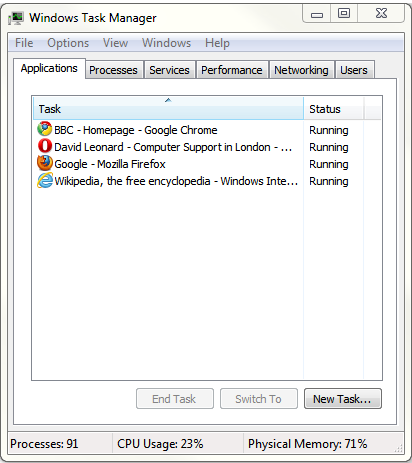 Task Manager window with browsers loaded