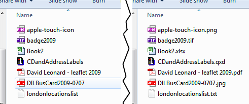 Windows Explorer views of files with extensions hidden and visible