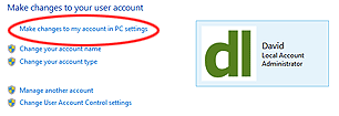 Figure 2. To switch between Local and Microsoft accounts, you must choose "Make changes to my account in PC Settings" rather than the more likely-seeming option of "Change my account type" which is below it. A bit clunky, isn't it?